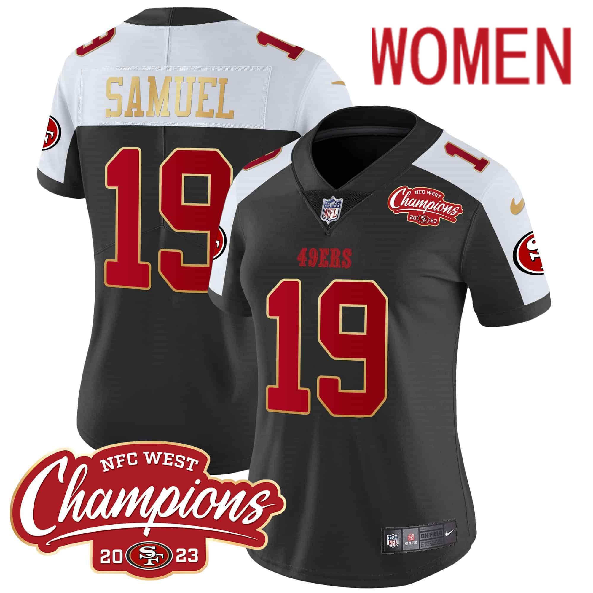 Women San Francisco 49ers 19 Samuel Black 2024 Nike NFC West Champions Gold Trim Vapor NFL Jersey